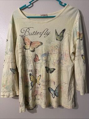 Vintage Studio Gem Yellow butterfly long sleeve top quarter sleeve Sz L